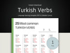 Turkish verbs learning template with text and tables on a black and white background