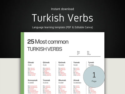 Turkish verbs learning template with text and tables on a black and white background