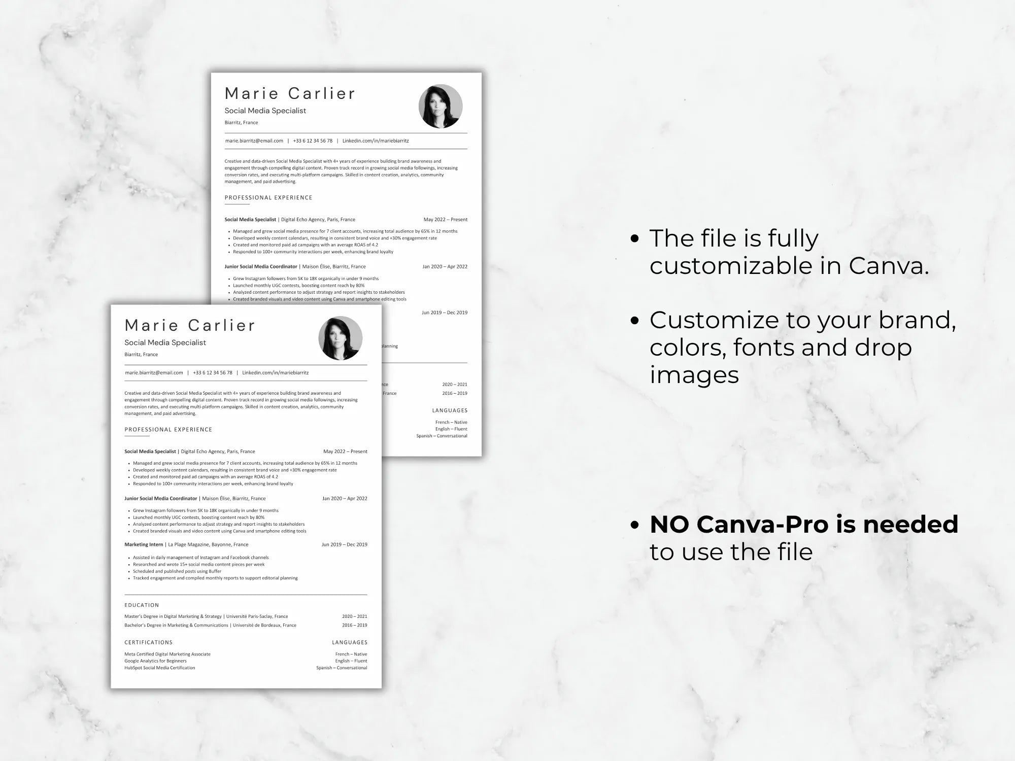 Two resume templates on a marble background with text about customization options.