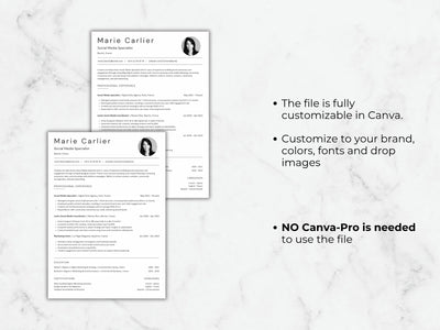 Two resume templates on a marble background with text about customization options.