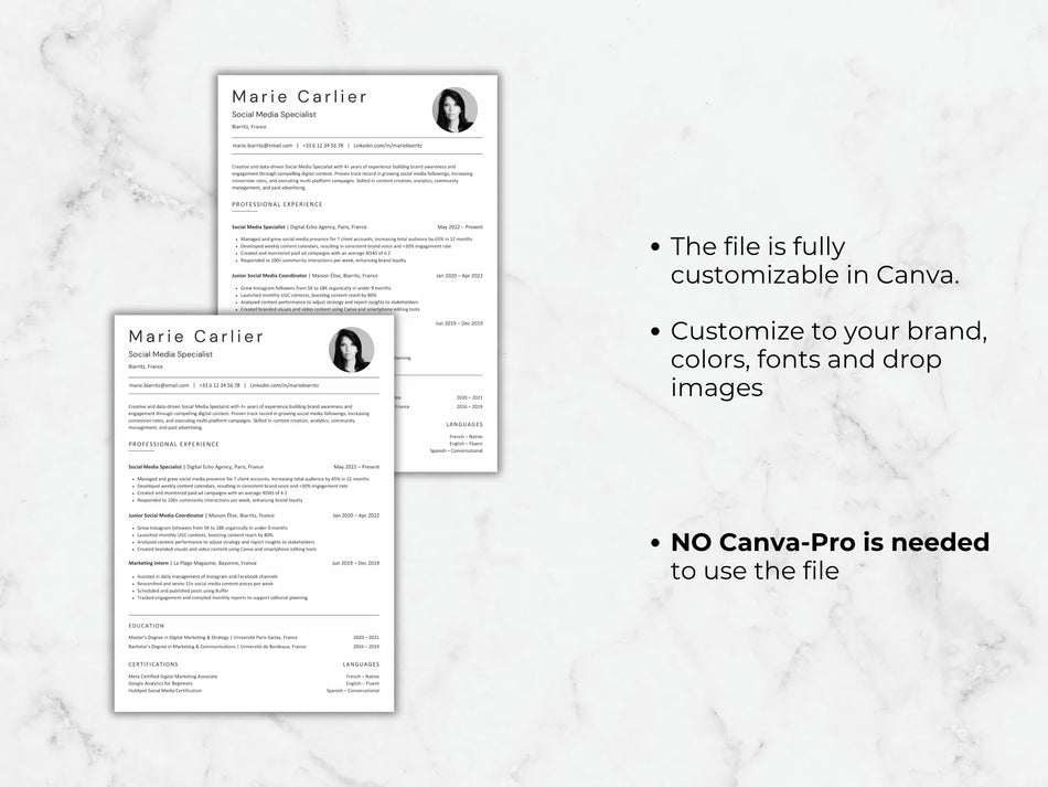 Two resume templates on a marble background with text about customization options.
