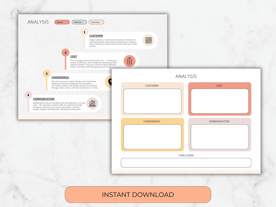 Two printable analysis report templates shown on a light marble background, with an 'INSTANT DOWNLOAD' label below. The templates feature clean layouts with labeled sections for customer, issue, communication, cost, and conclusion, using soft peach, yellow, and pink accents.