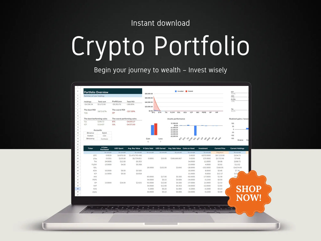 Laptop displaying a crypto portfolio on a dark background with 'Shop Now!' button.