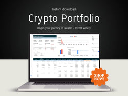 Laptop displaying a crypto portfolio on a dark background with 'Shop Now!' button.