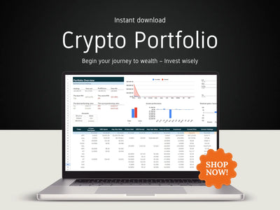 Laptop displaying a crypto portfolio on a dark background with 'Shop Now!' button.