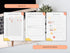 Three planner pages with different sections on a desk with a keyboard and plant.