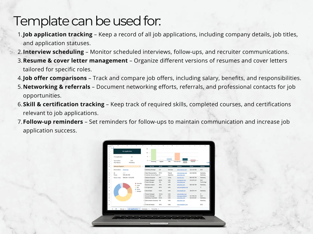 Laptop displaying a job application tracking software interface on a light gray background.