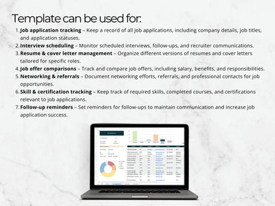 Laptop displaying a job application tracking software interface on a light gray background.