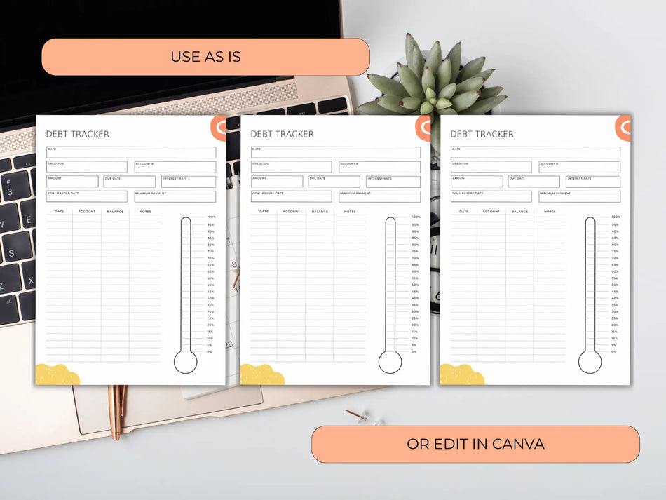 Debt tracker sheets on a desk with text 'Use as is' and 'Edit in Canva'.