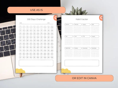 Two habit tracking sheets shown next to a laptop and plant. Callout buttons indicate the template can be used 