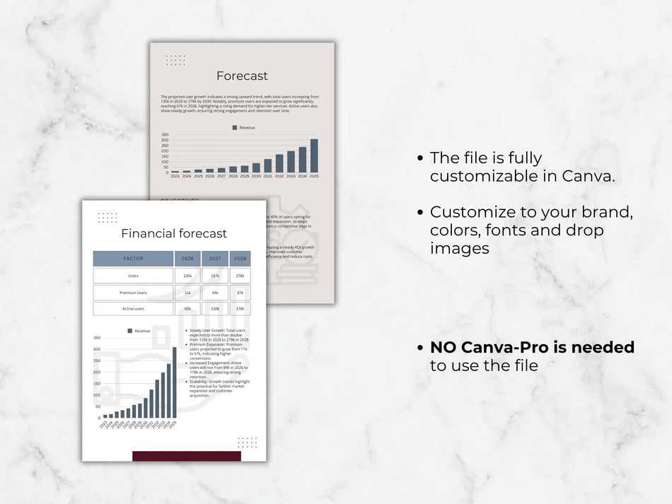 Two planning pages showing revenue bar charts and a factor table for financial projections through 2028