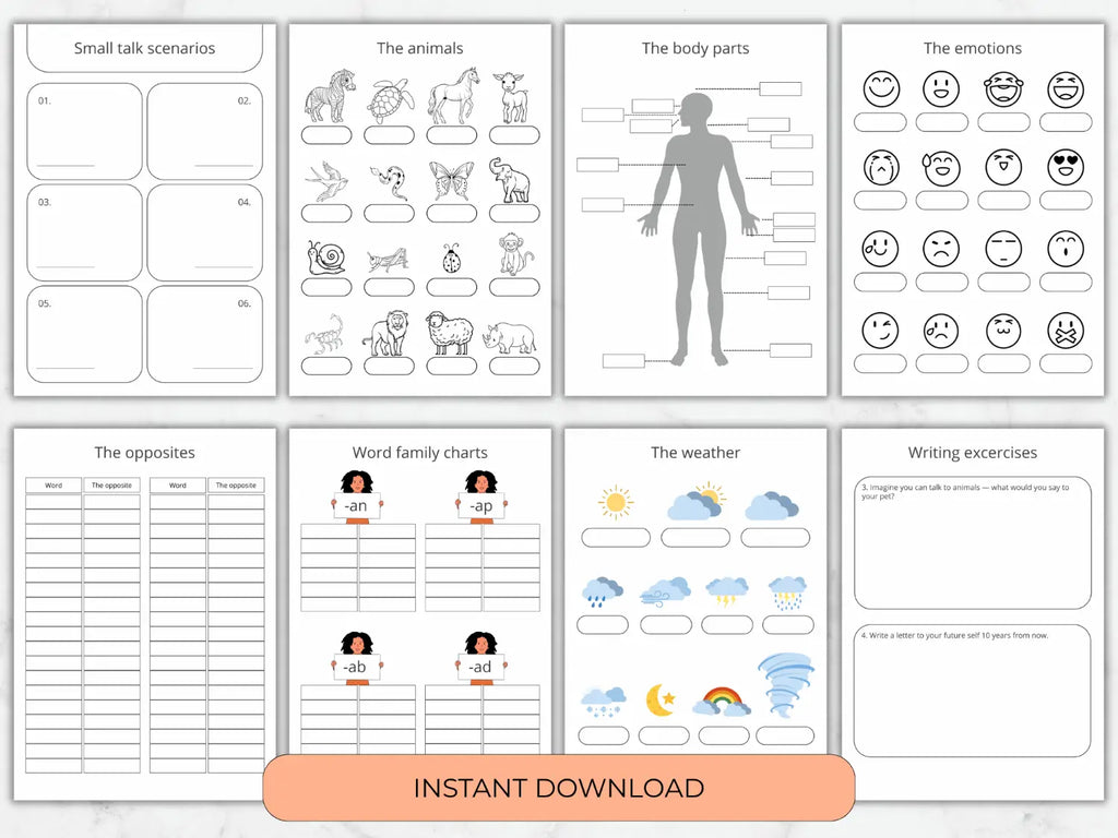 Language study workbook sheets covering small talk scenarios animals body parts emotions opposites and weather