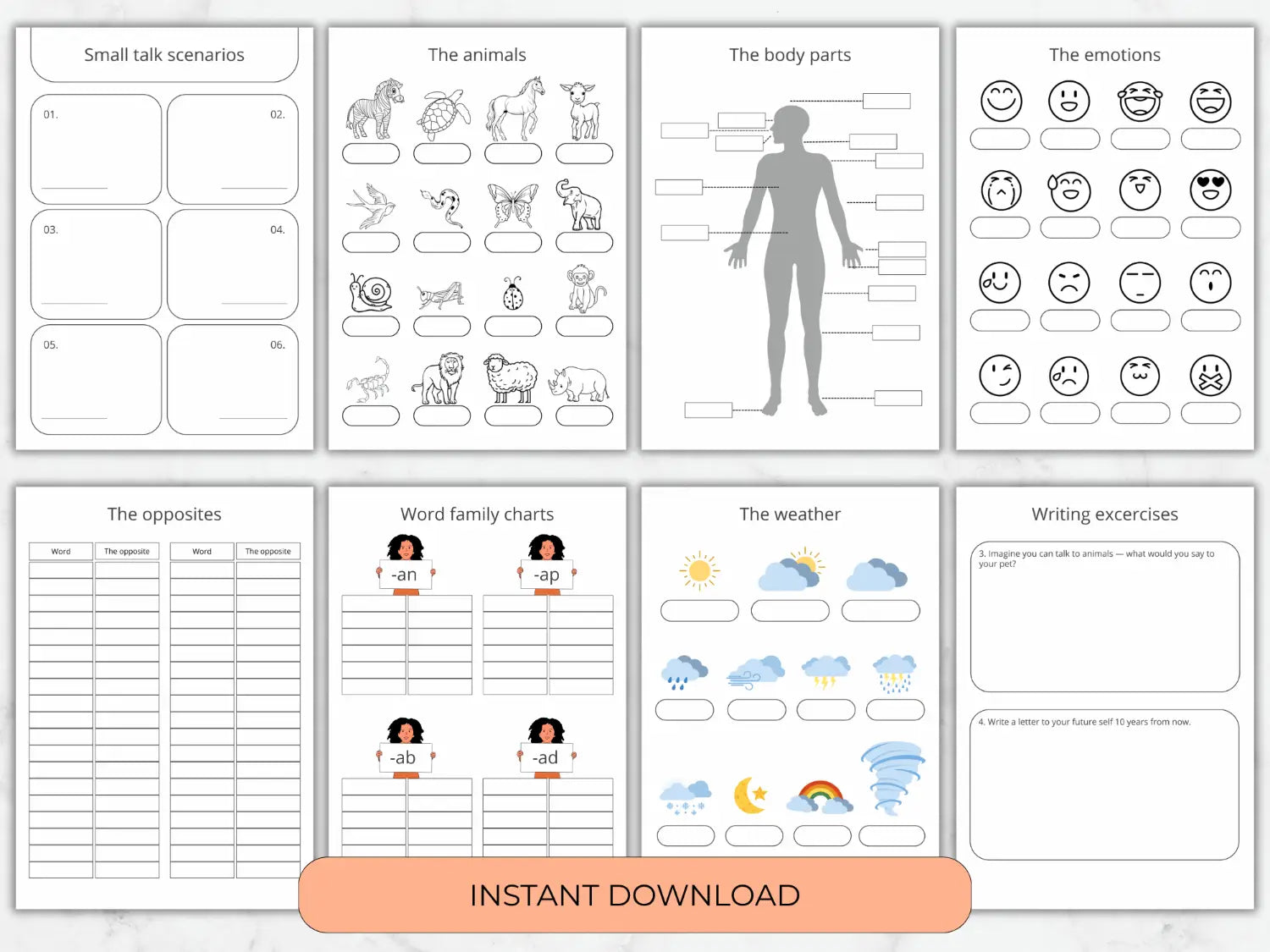 Language study workbook sheets covering small talk scenarios animals body parts emotions opposites and weather