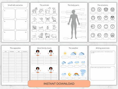 Language study workbook sheets covering small talk scenarios animals body parts emotions opposites and weather