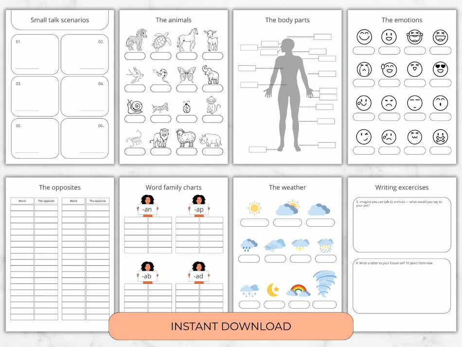 Language study workbook sheets covering small talk scenarios animals body parts emotions opposites and weather