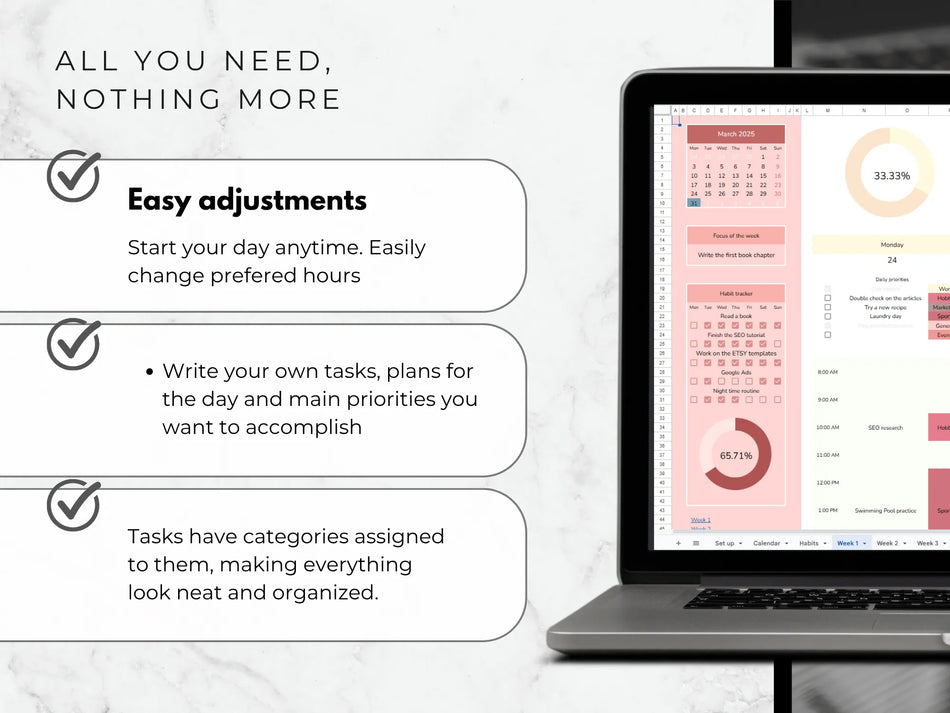 Laptop displaying a task management app with text about easy adjustments and task organization.