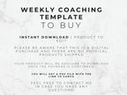 Text on a marble background about a weekly coaching template for digital download.