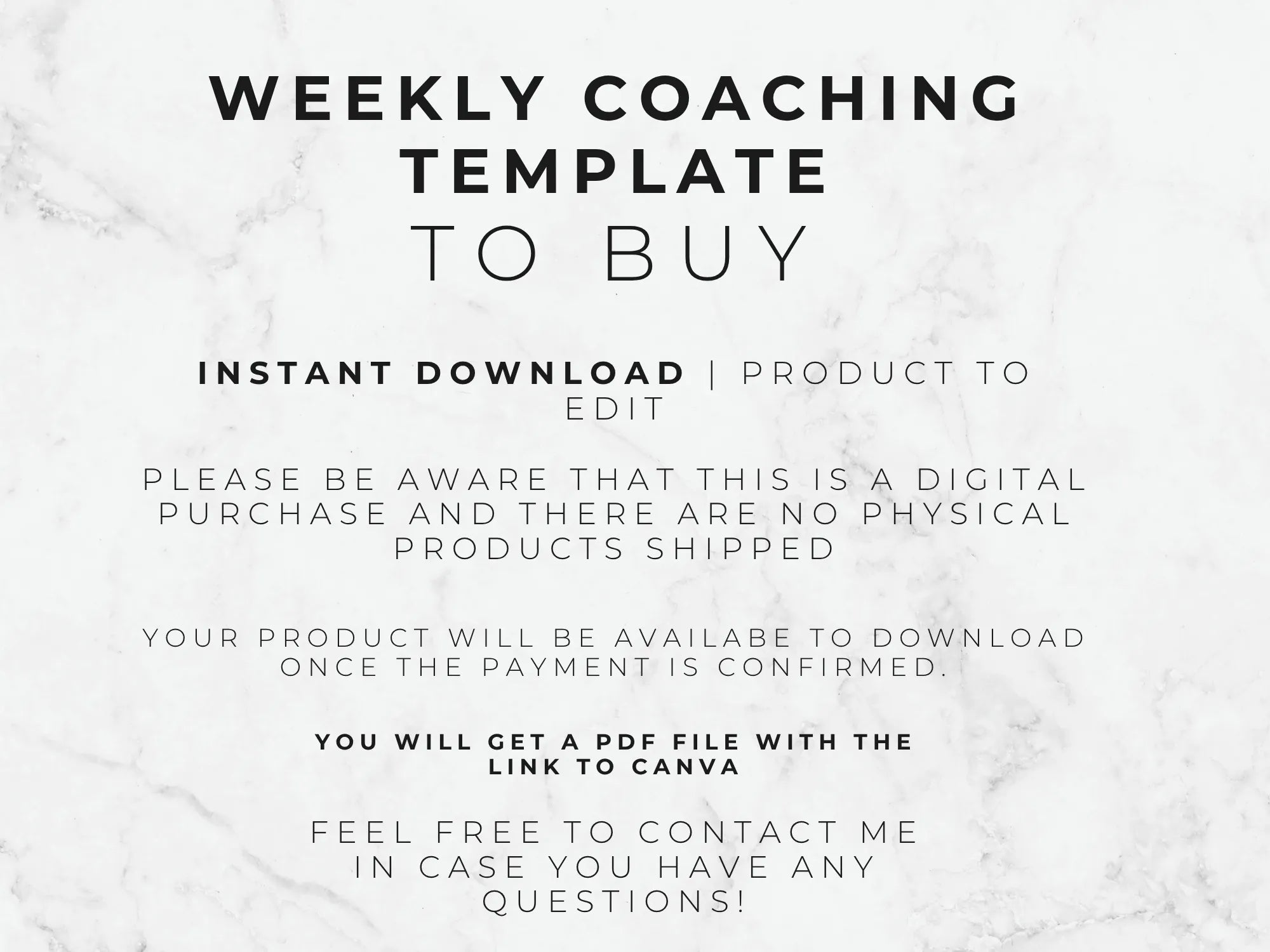 Text on a marble background about a weekly coaching template for digital download.