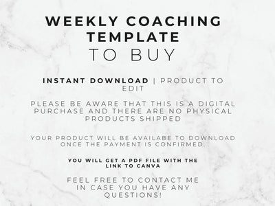 Text on a marble background about a weekly coaching template for digital download.