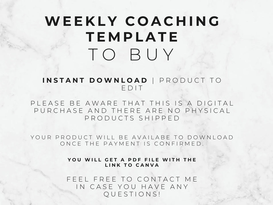 Text on a marble background about a weekly coaching template for digital download.