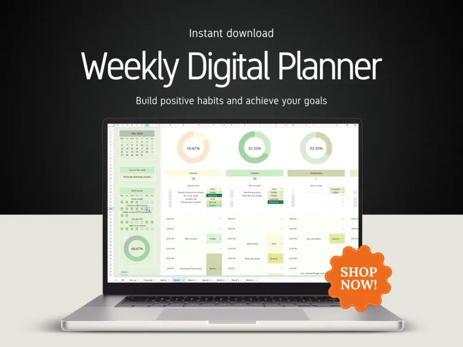 Laptop showing a green weekly digital planner with habit trackers and a 