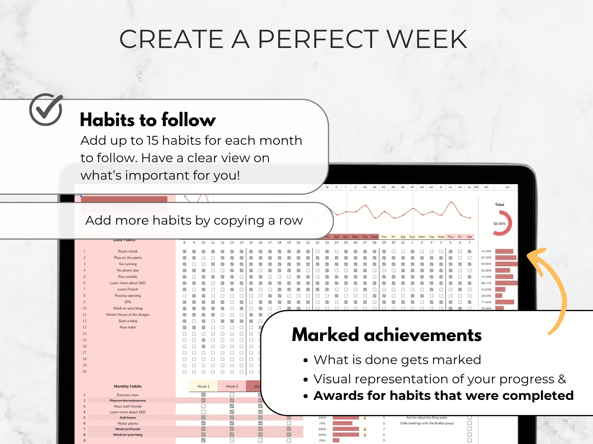 Digital habit tracker app interface with text on a light gray background