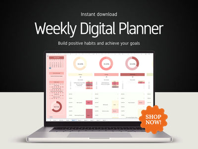 Laptop displaying a weekly digital planner with a 'Shop Now!' button on a dark background