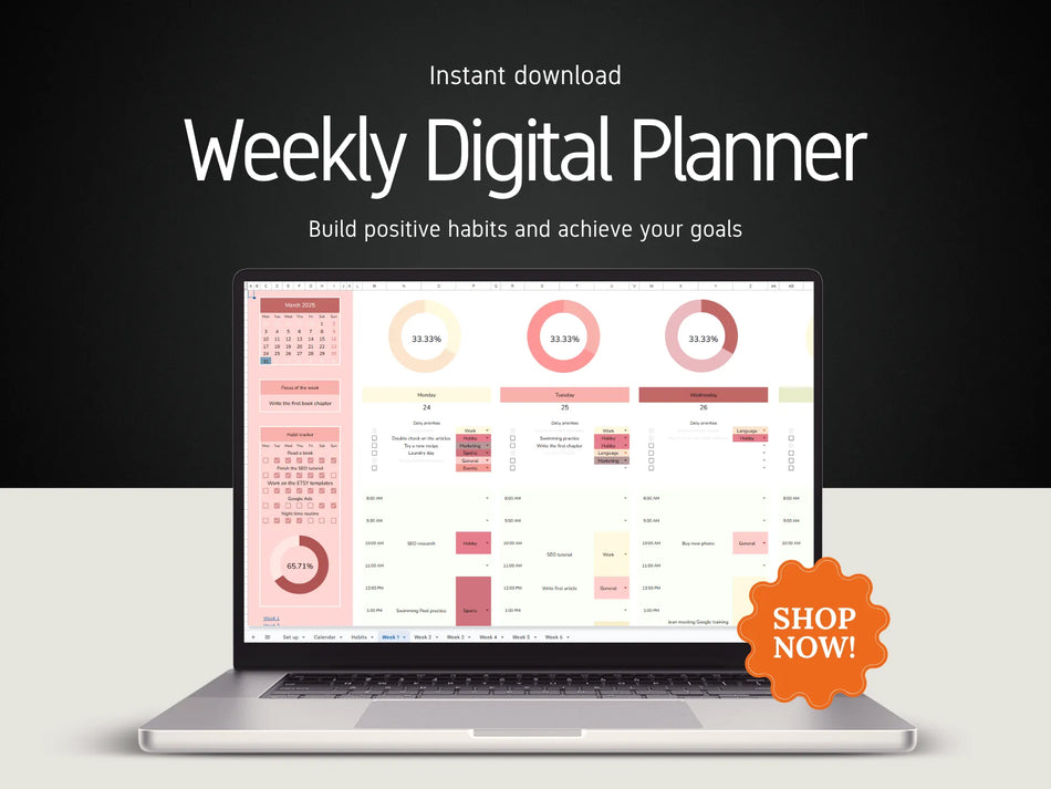 Laptop displaying a weekly digital planner with a 'Shop Now!' button on a dark background
