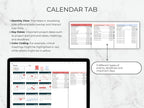 Calendar tab with monthly view, key dates, and color coding on a tablet screen.