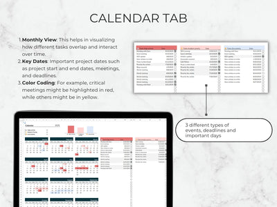 Calendar tab with monthly view, key dates, and color coding on a tablet screen.