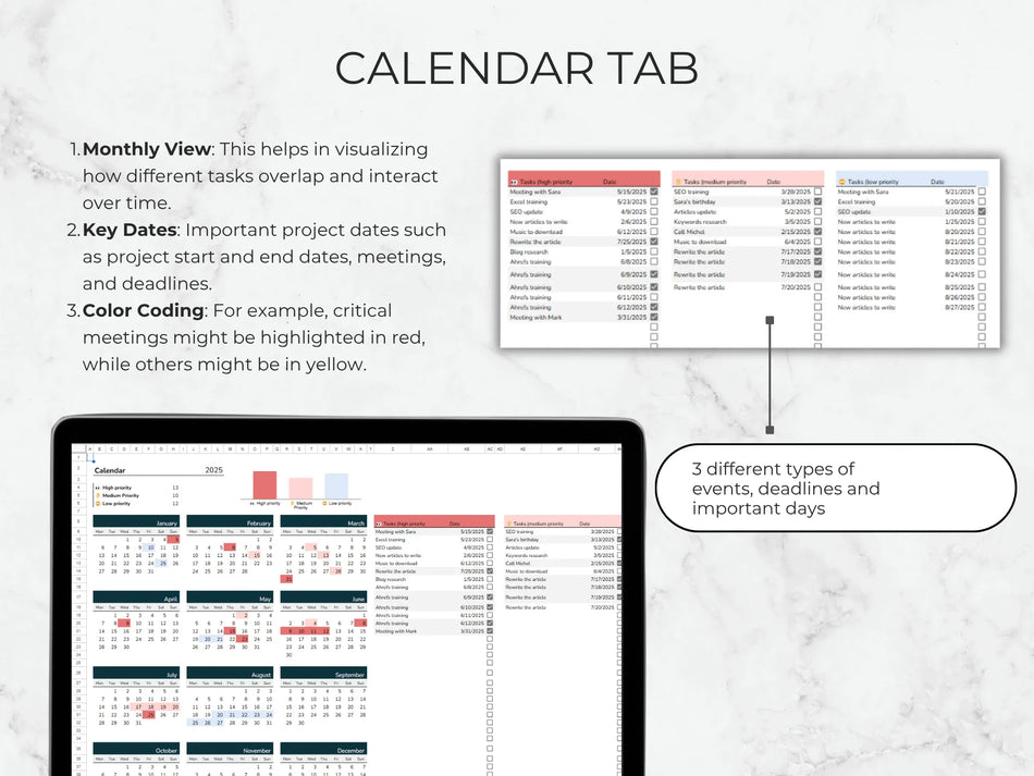 Calendar tab with monthly view, key dates, and color coding on a tablet screen.
