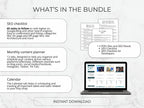 Promotional graphic of a digital marketing bundle with SEO checklist, content planner, and calendar on a laptop.