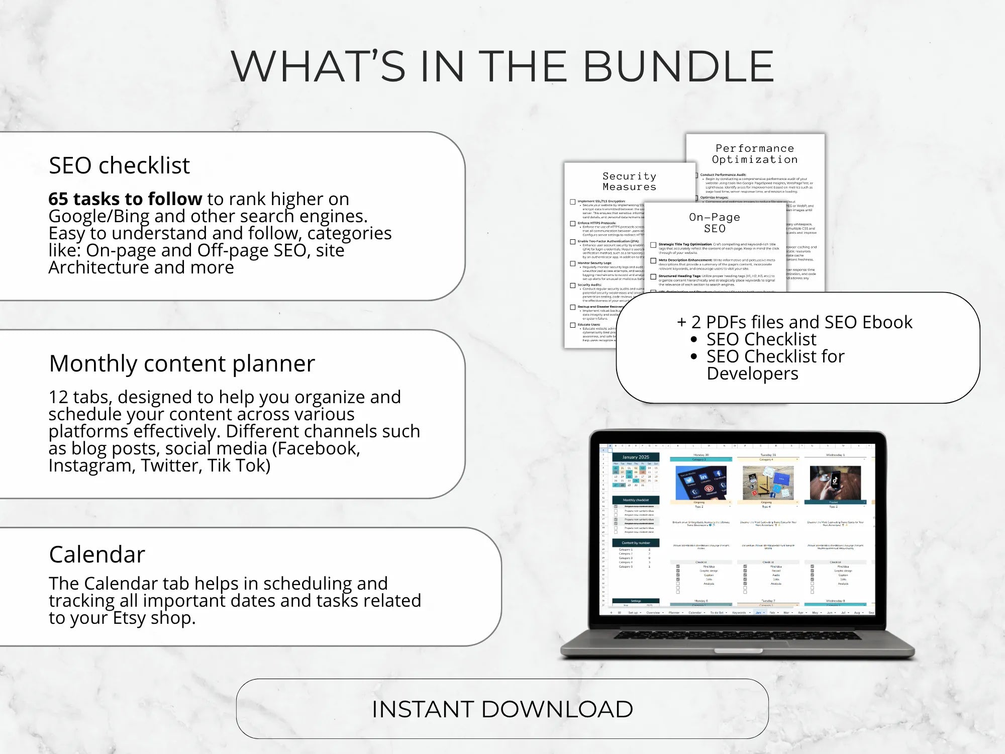 Promotional graphic of a digital marketing bundle with SEO checklist, content planner, and calendar on a laptop.