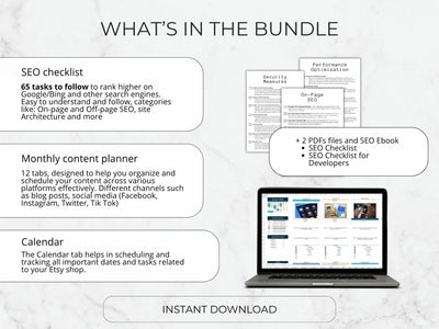 Promotional graphic of a digital marketing bundle with SEO checklist, content planner, and calendar on a laptop.