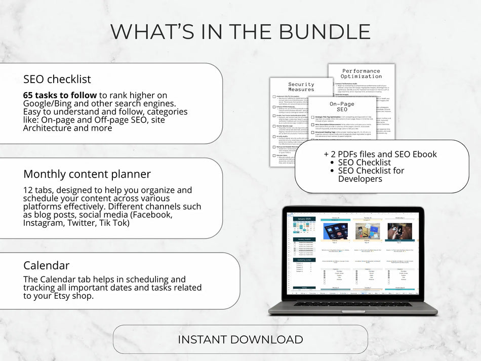 Promotional graphic of a digital marketing bundle with SEO checklist, content planner, and calendar on a laptop.