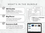 Promotional graphic of SEO checklist, blog planner, and ecommerce audit bundle with text and a laptop displaying website content.