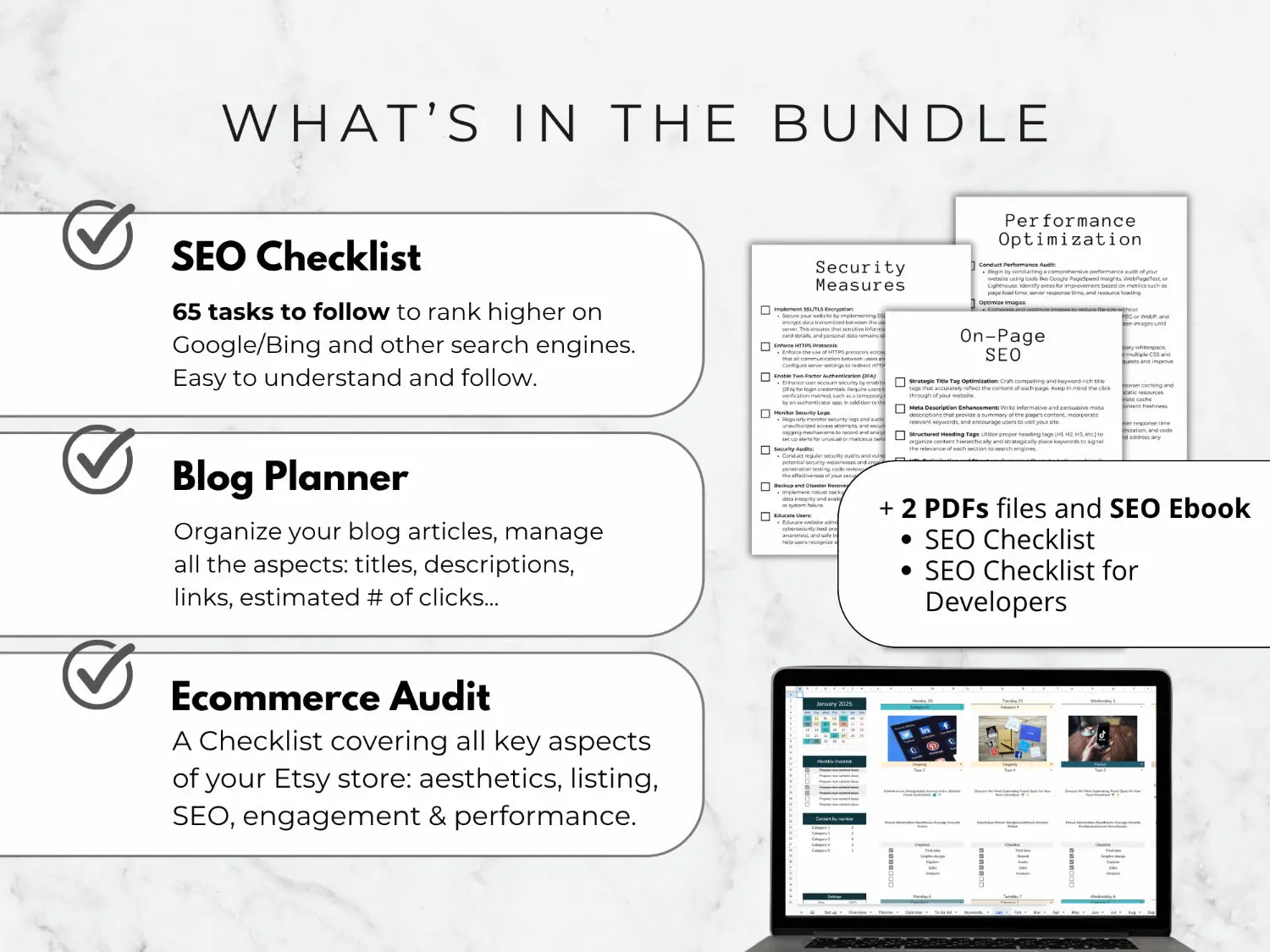 Promotional graphic of SEO checklist, blog planner, and ecommerce audit bundle with text and a laptop displaying website content.