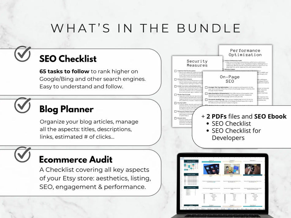 Promotional graphic of SEO checklist, blog planner, and ecommerce audit bundle with text and a laptop displaying website content.
