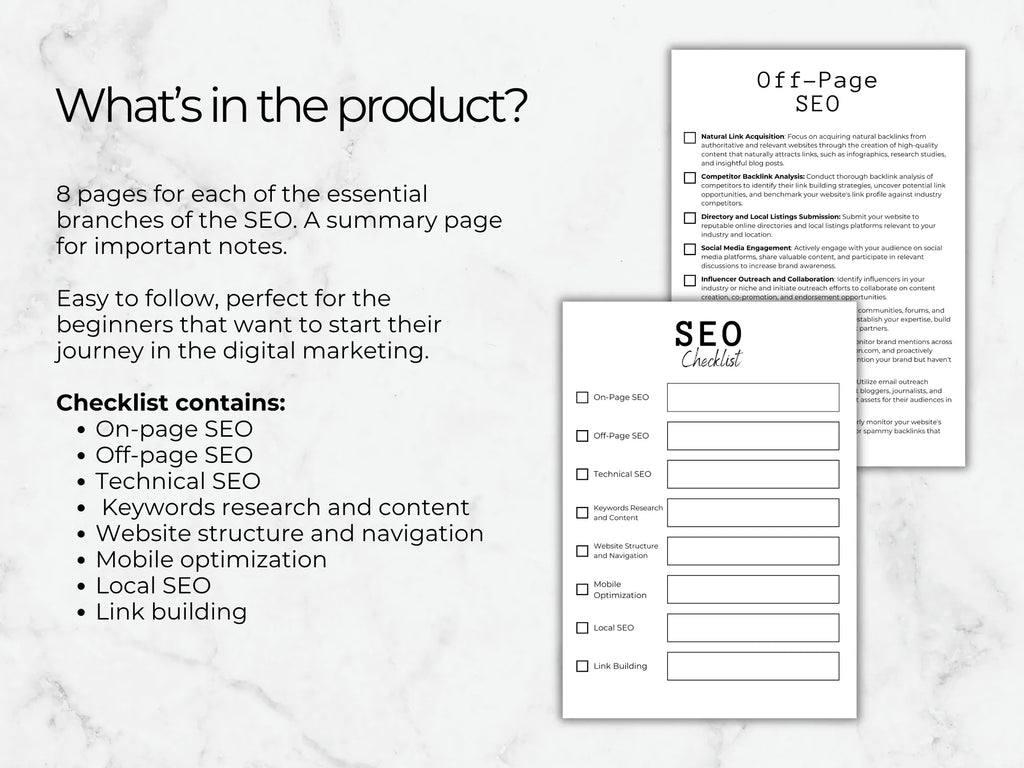 SEO checklist with on-page, off-page, and technical SEO sections on a marble background.