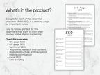 SEO checklist with on-page, off-page, and technical SEO sections on a marble background.