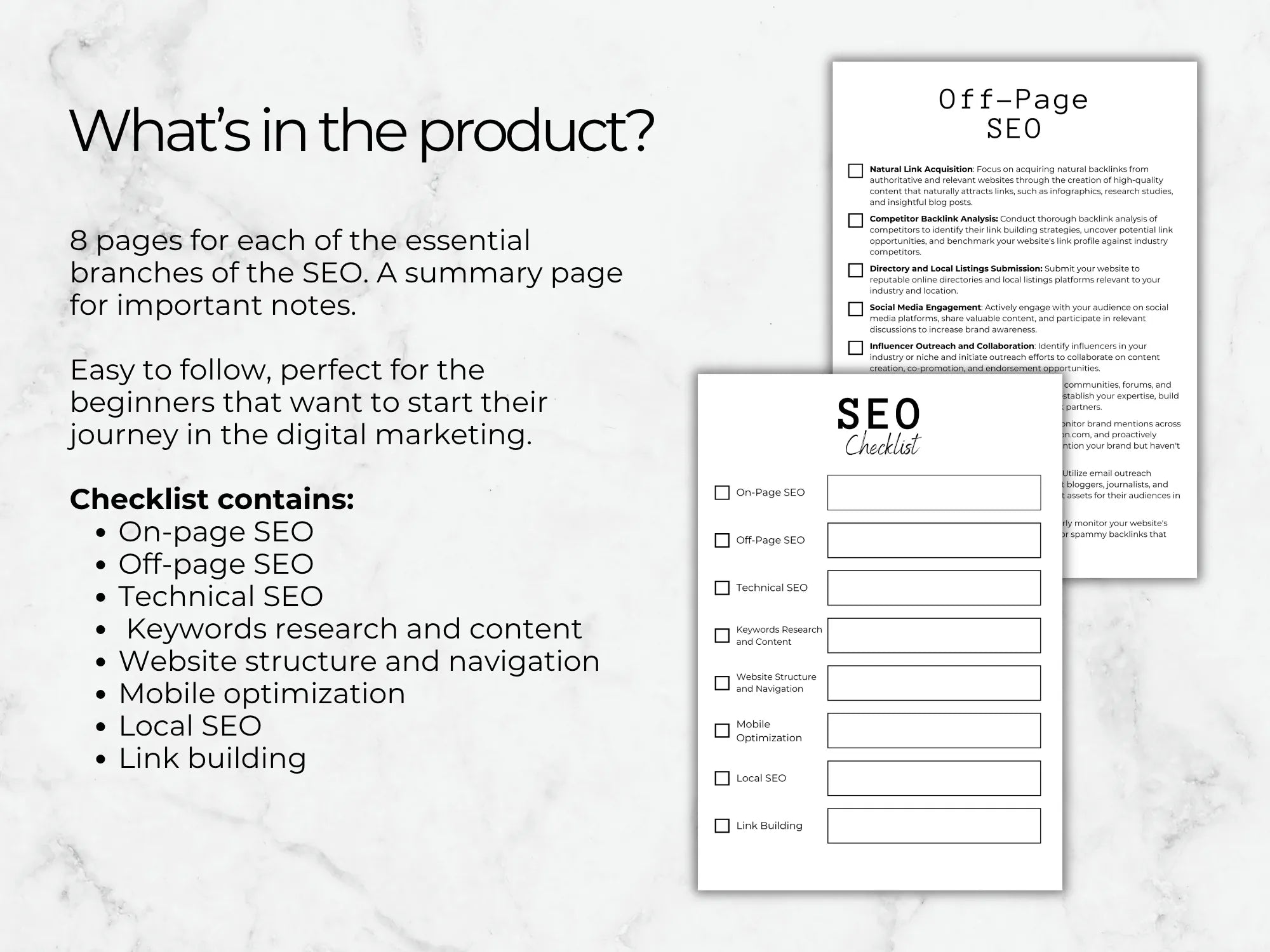 SEO checklist with on-page, off-page, and technical SEO sections on a marble background.