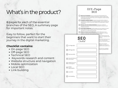 SEO checklist with on-page, off-page, and technical SEO sections on a marble background.
