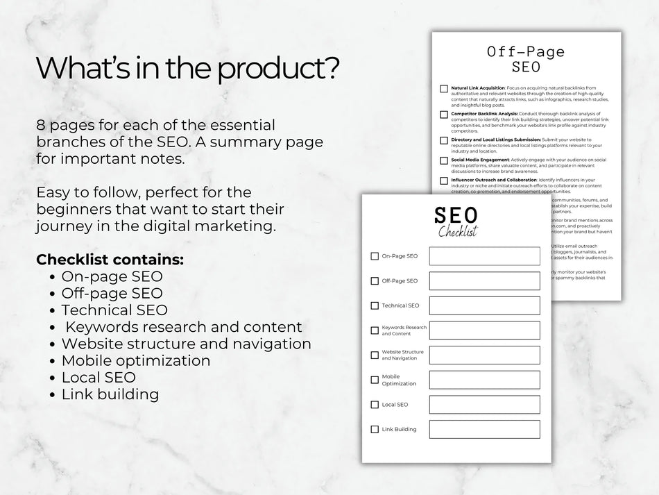 SEO checklist with on-page, off-page, and technical SEO sections on a marble background.