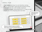 A promotional graphic for a team-building game called 'Bride's Dress' showing a laptop screen with yellow cards showing items like 'Sash', 'Veil', 'White dress', and 'Flashy jewelry'. The graphic includes text labels explaining how to use the game and a blurred photo of a woman holding a laptop in the background.