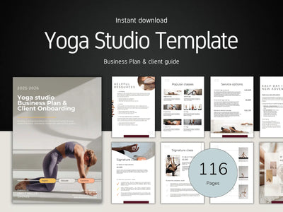 A large collection of pages from a yoga studio business plan, showing sections like 