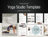 A large collection of pages from a yoga studio business plan, showing sections like "Service Options," "Helpful Resources," and "Popular Classes."