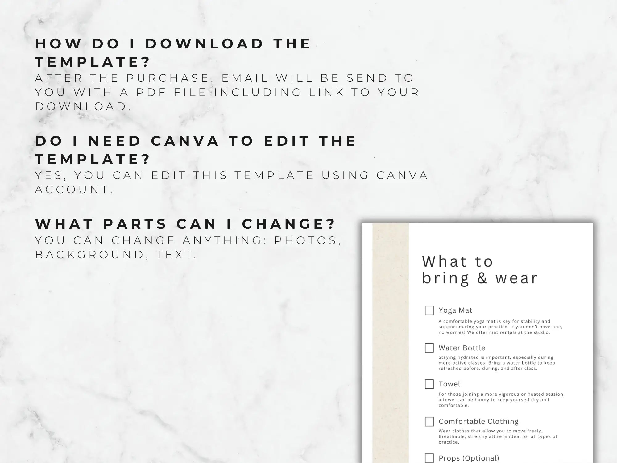 Instructions on how to download and edit a template with a sample checklist on a marble background.