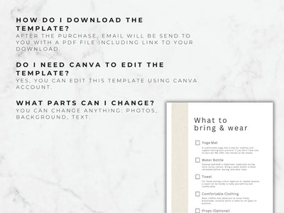 Instructions on how to download and edit a template with a sample checklist on a marble background.