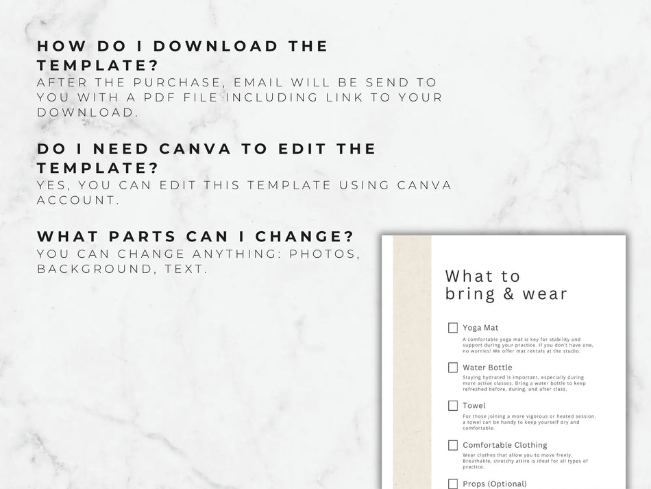 Instructions on how to download and edit a template with a sample checklist on a marble background.