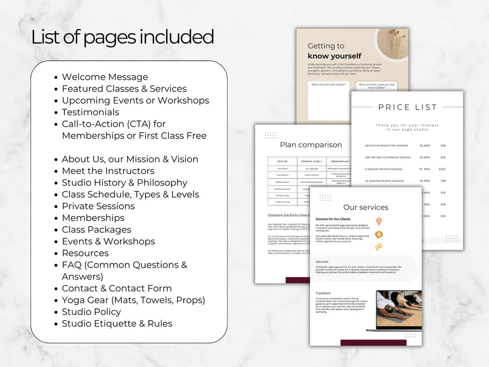 Pages of a website or app with text and images on a marble background